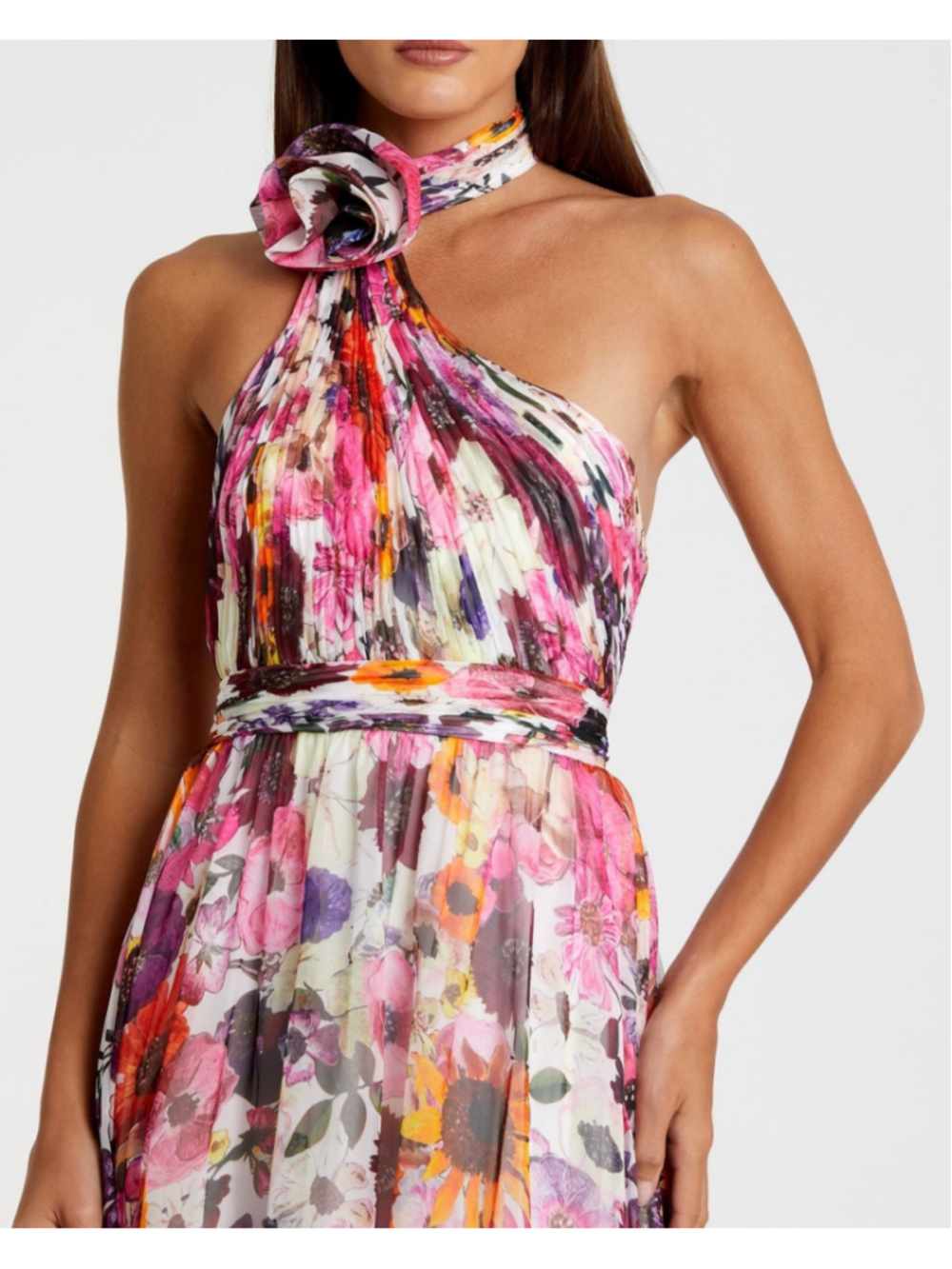 Mac Duggal Floral Chiffon Halter Rosette Gown Black Multi Size 10 NWT - Picture 3 of 8